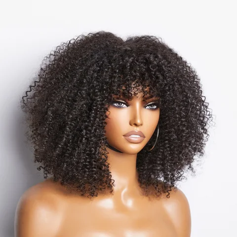 breathable minimalist lace curly wig with bangs, bouncy Jerry curl style, glueless design, ready to wear.