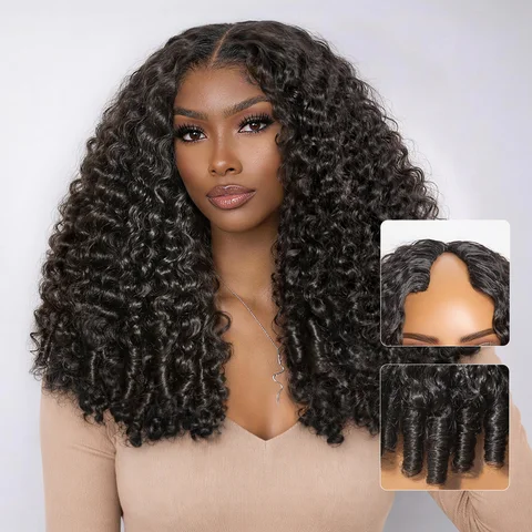 Burmese curly glueless human hair wig with V part, finger coil ends, 180% density, flexi-fit drawstring, new customers only