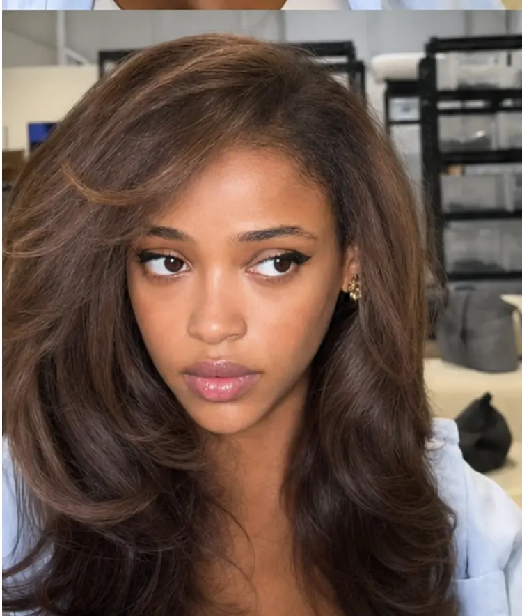 chestnut brown Yaki body wave wig with honey blonde highlights, layered cut, half wig style.