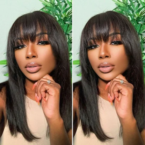 VIP ONLY glueless Yaki straight lace long wig with bangs, ultra natural, minimalist design, shown on a head mannequin.