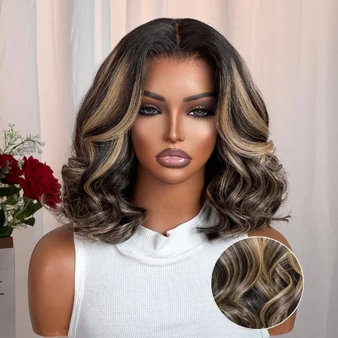 All-Day Comfort blonde highlight loose wave T-part wig with glueless HD lace, pre-cut lace, and minimalist style.