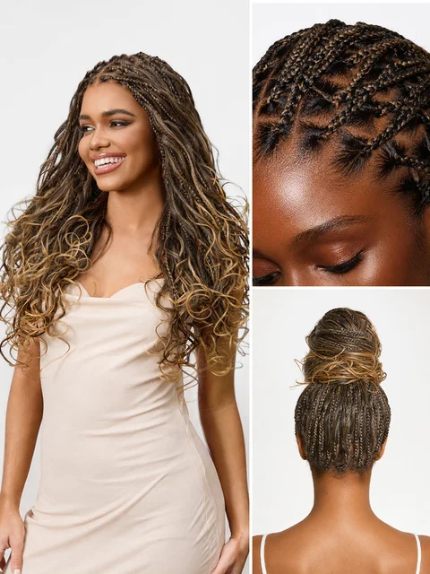 OwnScalp Ombre Honey Blonde French Curl Knotless Boho Braids full lace wig with flexi fit and drawstring cap