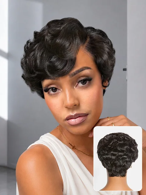 natural black lightweight roll curl short pixie cut wig with pre-cut lace, glueless and beginner-friendly.