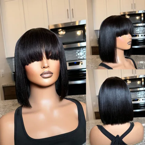glueless Yaki straight bob lace wig with bangs, realistic 100% human hair, minimal lace, ready-to-wear hairstyle.
