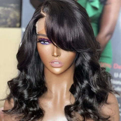 natural black body wave wig with bangs, 5x5 lace closure, glueless C part style, long hair for women.