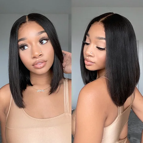 beginner-friendly glueless silky blunt cut 4x4 closure bob wig in natural black, 100% human hair, shown on a mannequin head.