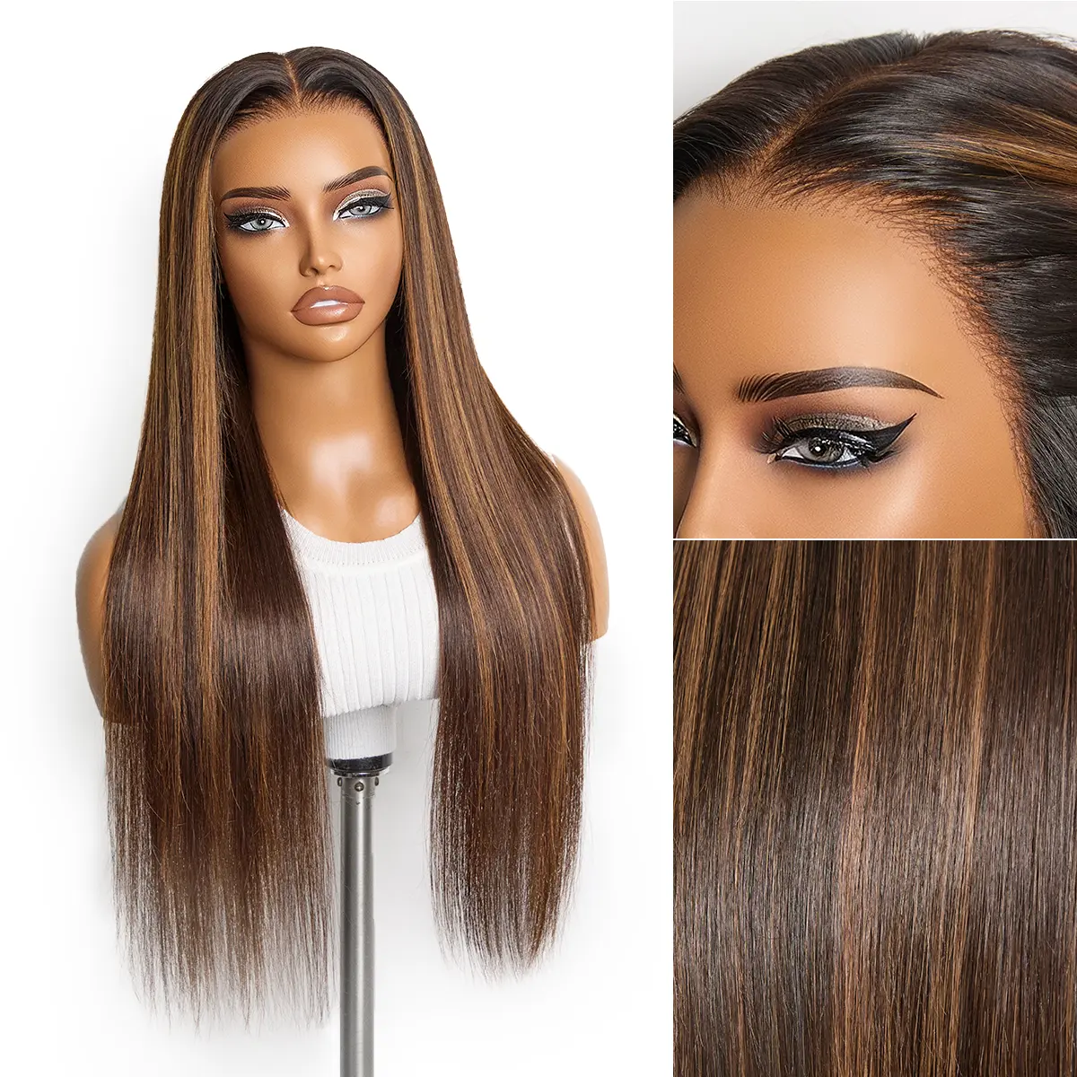 PreMax long wig with chestnut brown and honey blonde highlights, silky straight 13x4 lace frontal, glueless, pre-cut lace