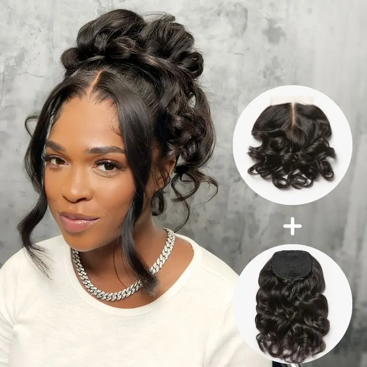 Body Wave Updo hairpiece with clip-in 5x5 lace closure, bangs, and drawstring ponytail for quick, easy styling.