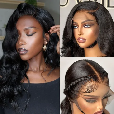 natural black 13x6 frontal lace wig with side part, body wave style, long 100% human hair, glueless construction