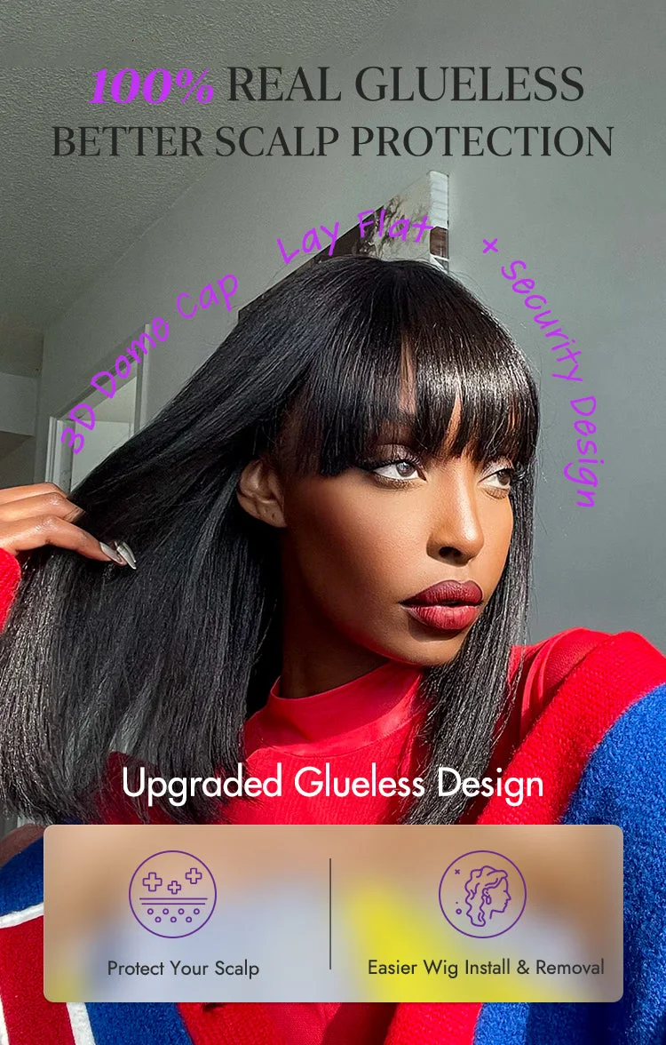 Put On and Go Realistic Glueless Yaki Straight Bob with Bangs Minimalist Lace Wig 100% Human Hair-24
