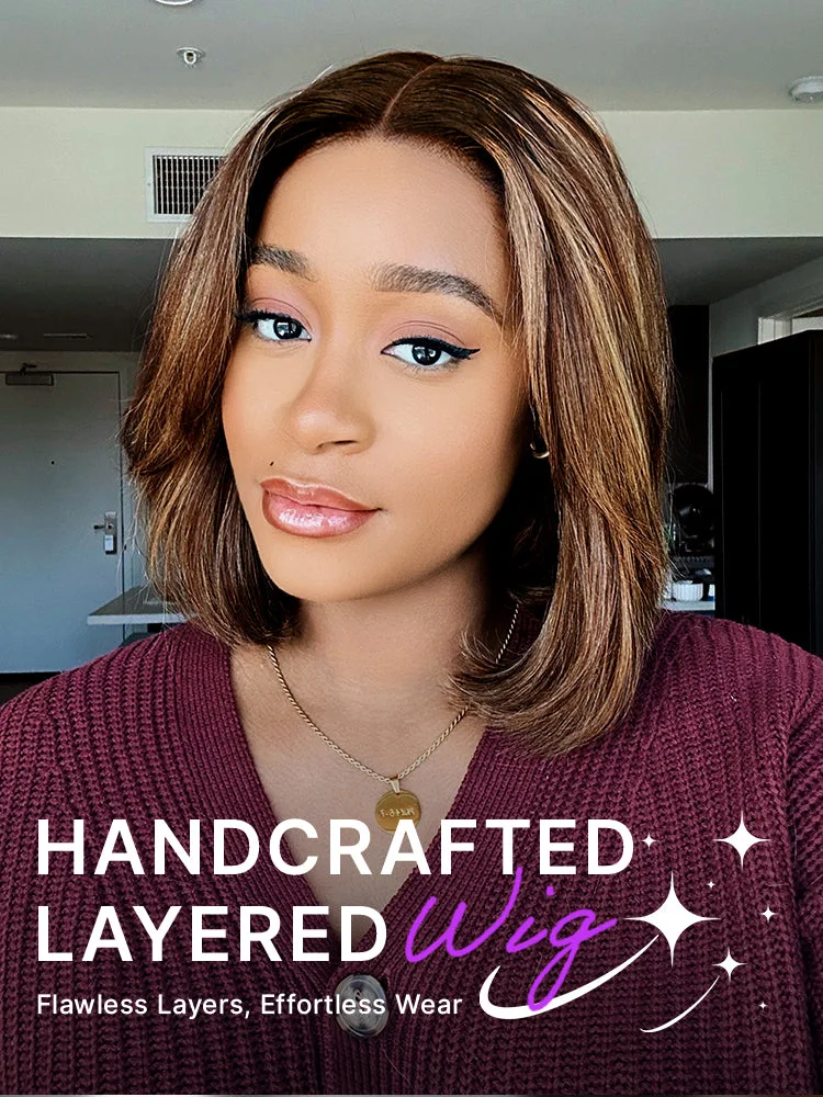 Blonde Highlight / Brown Highlight Short Layered Bob Wig Glueless 5x5 Closure Pre-Cut Lace Wig-27