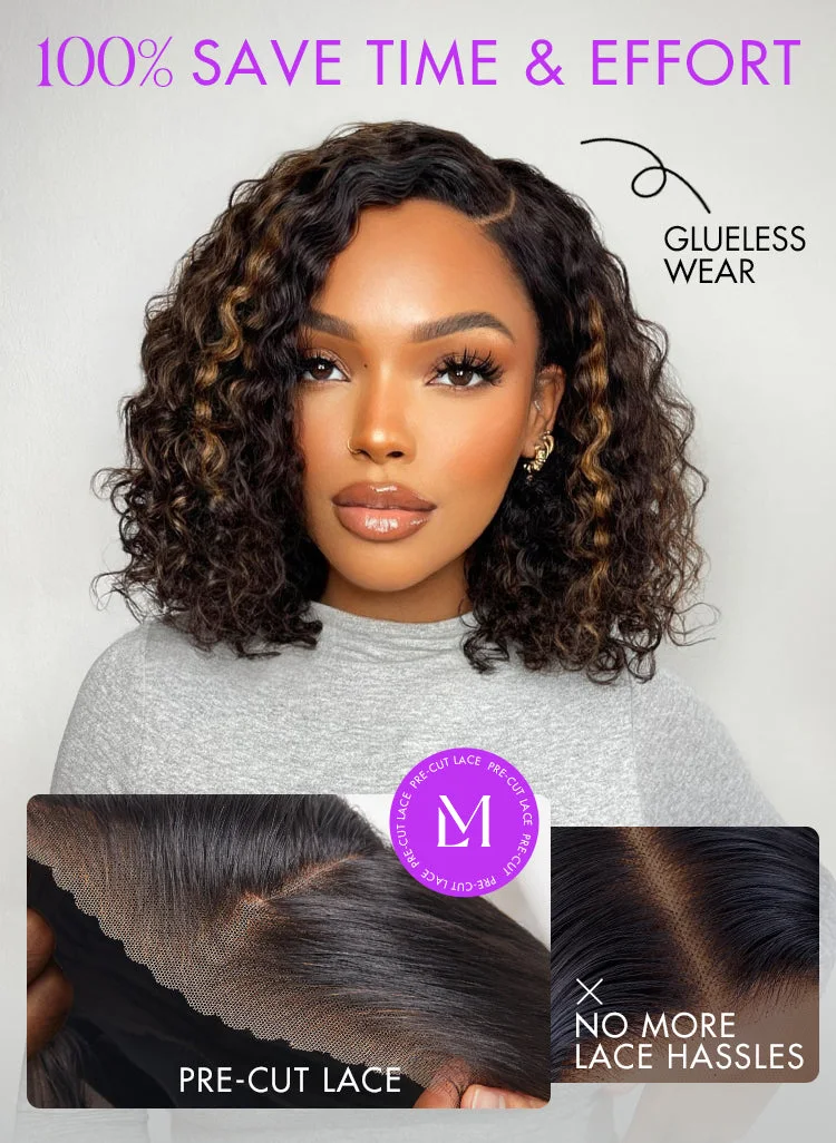 Blonde Highlight Short Curly Glueless Minimalist HD Lace Human Hair Wig-30