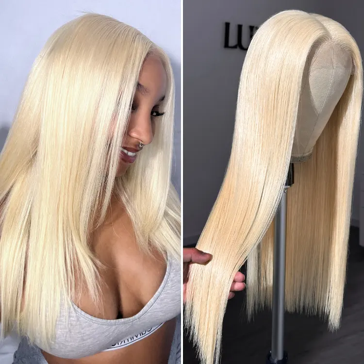 PreMax 5x5 closure wig with 180% density, silky straight 613 hair, HD lace, glueless, long, pre-cut, plucked, and bleached