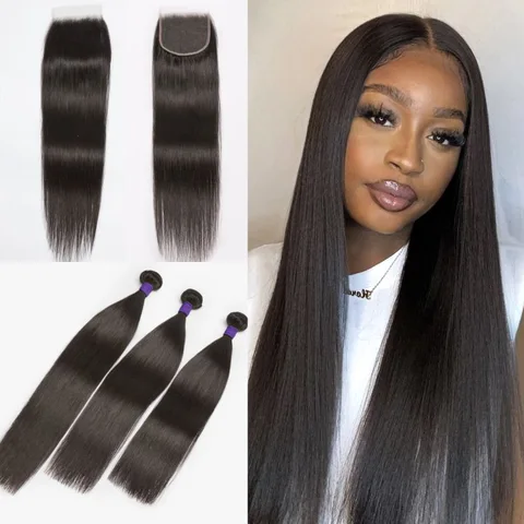 Upgraded Brazilian Virgin Hair 3 bundle set with 5x5 HD lace closure, straight or body wave, by .