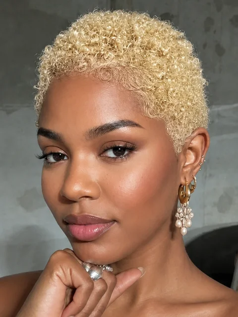 Blonde kinky curly Afro pixie cut full lace human hair wig by , showcasing tight curls and short style.