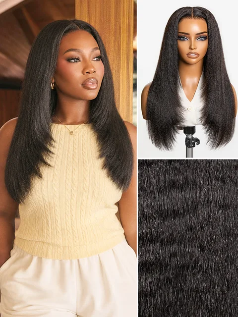 7x6 HD lace wig with light kinky straight butterfly cut layers, glueless body wave, pre-cut lace, and natural density