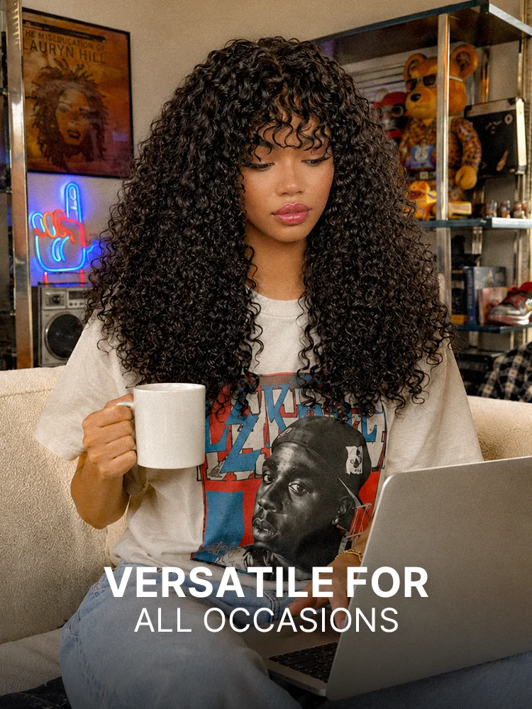 Beginner Friendly 200% Density Kinky Curly with Bangs Glueless 5x5 Closure Pre-Cut Lace Wig All Head Sizes Fit Cap