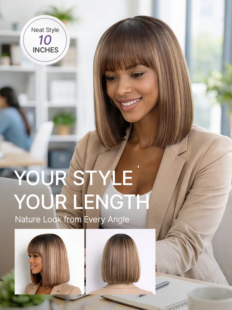 Beginner Friendly Honey Blonde Highlight Yaki Blunt Cut Bob Glueless Minimalist Lace Bob Wig with Bangs-18