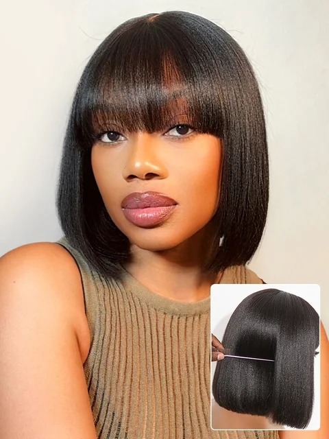 Put On and Go Realistic Glueless Yaki Straight Bob with Bangs Minimalist Lace Wig 100% Human Hair-80