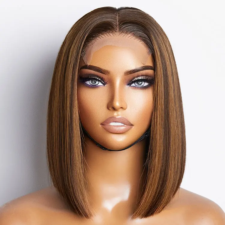 glueless 4x4 closure bob wig with sleek piano highlights, made from 100% human hair, showcasing the wig's style and color.