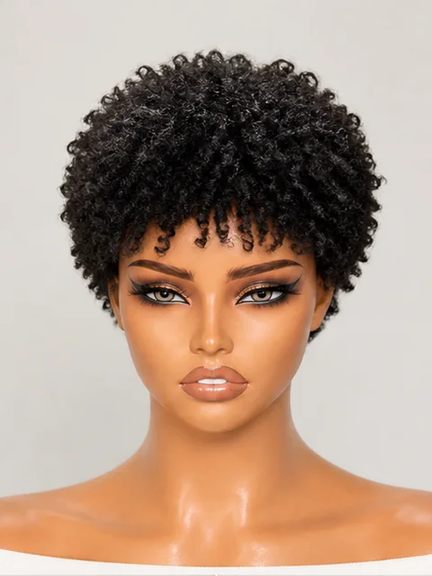 30-Second Pixie Cut Wig with bangs in natural black, tight kinky curly texture, no lace or glue, itchy-free, beginner friendly