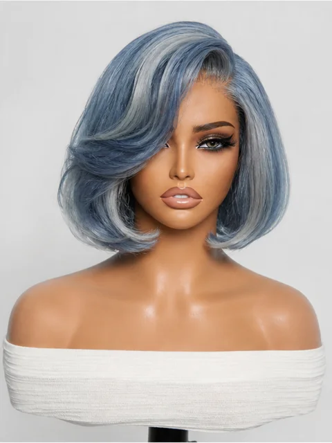 PreMax Wigs smoky blue and silver short lace human hair wig with natural hairline, 13x4 frontal, glueless style