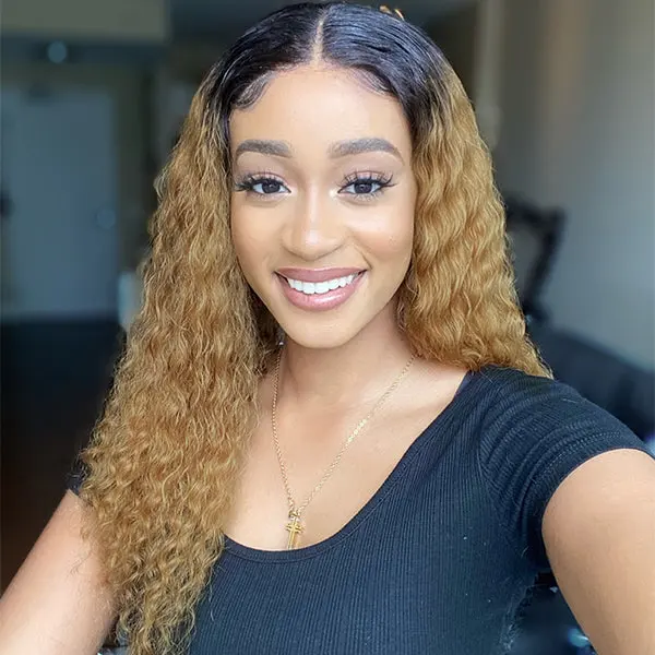 ombre brown deep wave extended 4x4 lace closure wig with natural hair texture and lace front for a seamless style.