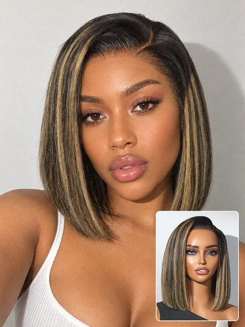 All-Day Comfort™ Wig Blonde Highlight Blunt Cut Bob Glueless Minimalist HD Lace Short Bob Wig Pre-Cut Lace-34
