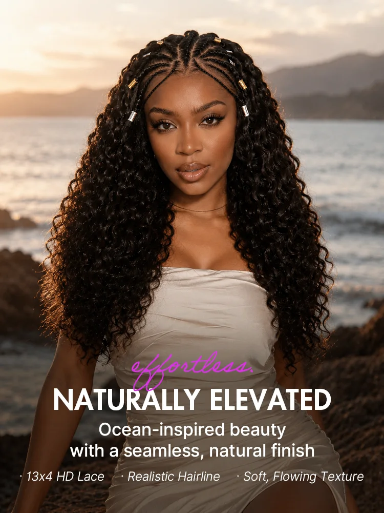Boho Fulani Braids Water Wave 13x4 Frontal Lace Wig Pre-cut Lace Human Hair-10