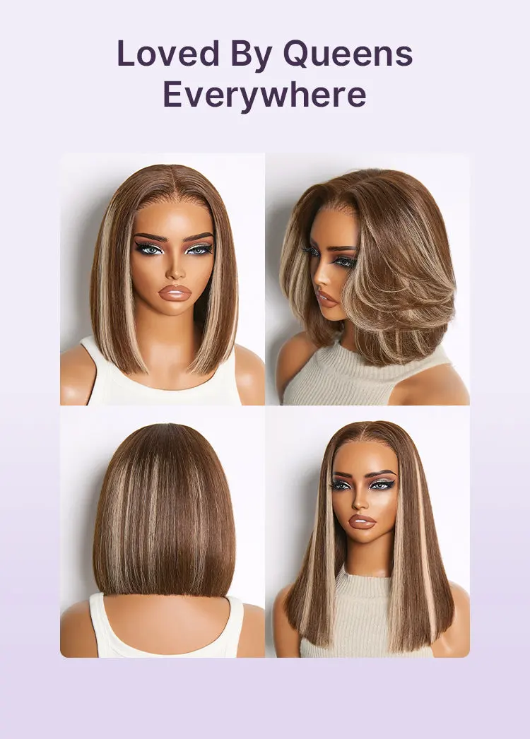 Ash Blonde Highlight Glueless 5x5 HD Closure Lace Bob Wig Pre-Cut Lace Flexi-Fit Drawstring Cap-17