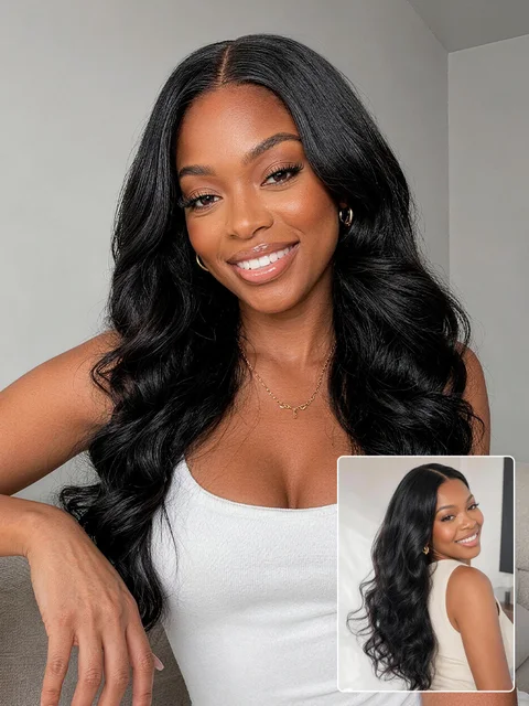 Jet black 5x5 loose body wave closure lace wig made of 100% human hair, featuring a glueless design and natural wave pattern.