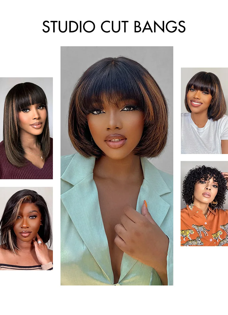 Graceful Natural Black Body Wave with Bangs 5x5 Closure Lace Glueless C Part Long Wig 100% Human Hair-01
