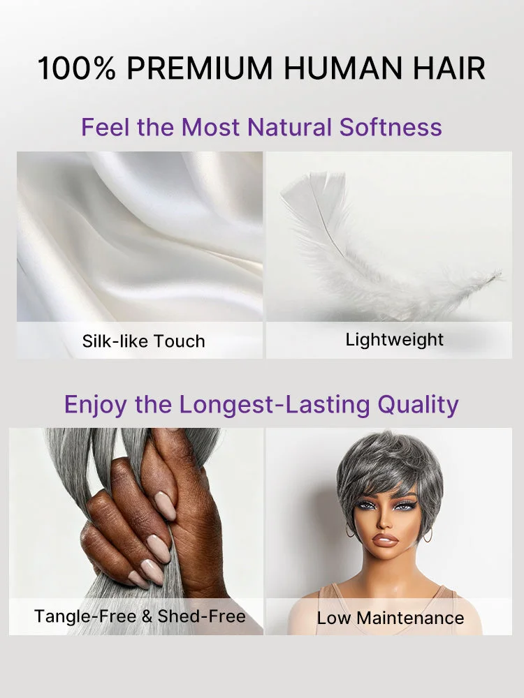 New Customers Only | Throw On & Go Salt & Pepper Short Pixie Cut Glueless Wig with Bangs 100% Human Hair Ultra Comfort Cotton Cap Hair Loss Friendly-10