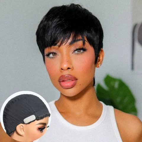 throw-on short cut wig with bangs, cotton cap, glueless design, comfortable and hair loss friendly, natural look.