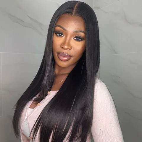 long human hair straight lace wig with 13x4 frontal, glueless design, natural-looking, styled straight, and full lace construction.