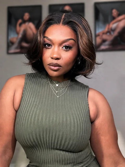 Brown highlight silky short bob wig with layered cut, human hair, 5x5 lace closure, glueless design by