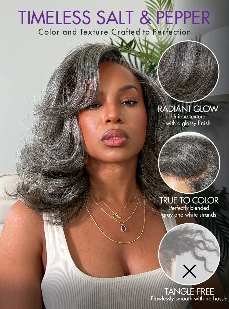 Layered Blowout Salt and Pepper Glueless Grey Wig Minimalist HD Lace Shoulder Length Wavy Wig-08