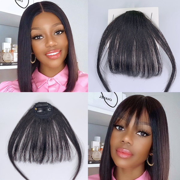 100% real human hair clip-in bangs extension with natural-looking style, featuring lightweight, easy-to-clip human hair extensions.