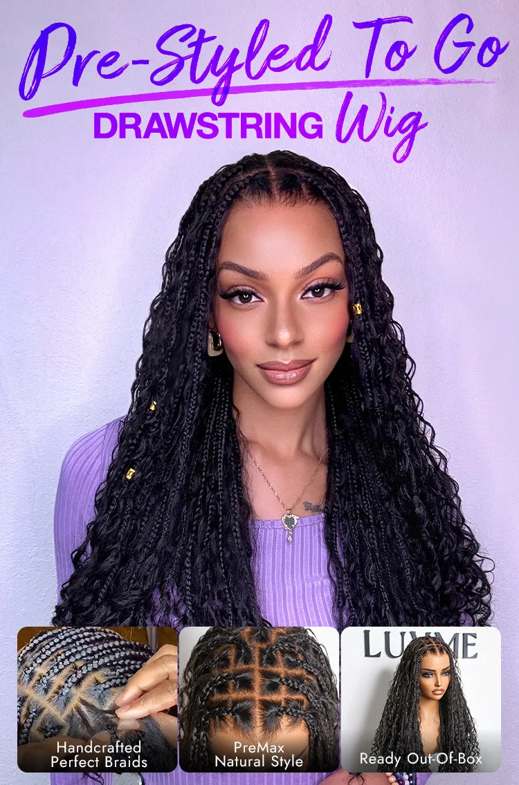 Special Deal | Flexi-Fit Invisi Drawstring Cap Full Lace Knotless Boho Curls Braided Long Wig Super Natural Scalp-18