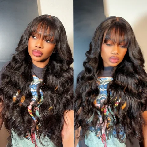 All-Day Comfort™ loose body wave human hair wig with 7x6 closure, HD lace, bangs, and pre-cut lace for natural look.