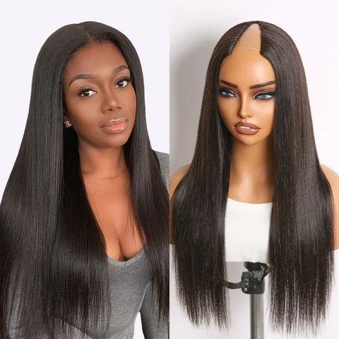 True Scalp Yaki Straight Kinky Straight V Part Glueless Human Hair Wig with Flexi-Fit Drawstring