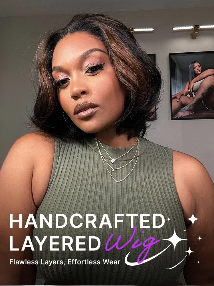 Brown Highlight Silky Short Bob Wig Layered Cut Human Hair Glueless 5x5 Closure Pre-Cut Lace Wig-11