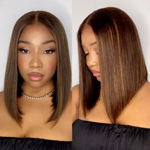 glueless chestnut brown highlights straight 4x4 closure bob wig with natural hair texture and styling details