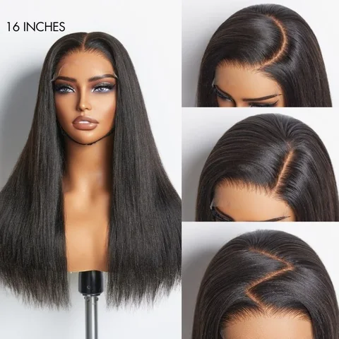 VIP ONLY Yaki Straight 5x5 HD Lace Glueless Long Wig with 100% human hair, close-up of lace and straight texture