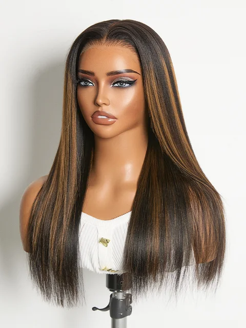 Black Yaki Straight wig with honey blonde highlights, 7x6 lace closure, glueless, pre-cut lace, natural hair appearance