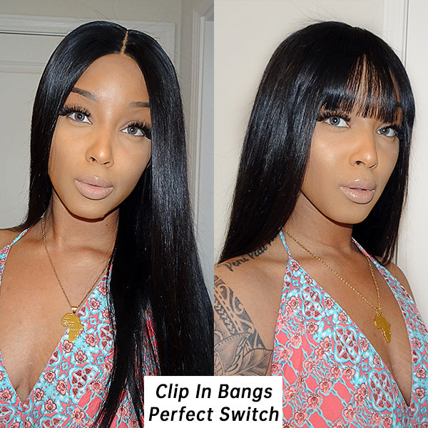 100% human hair clip-in bangs extension showcasing natural black hair with a straight style and seamless clip-in attachment