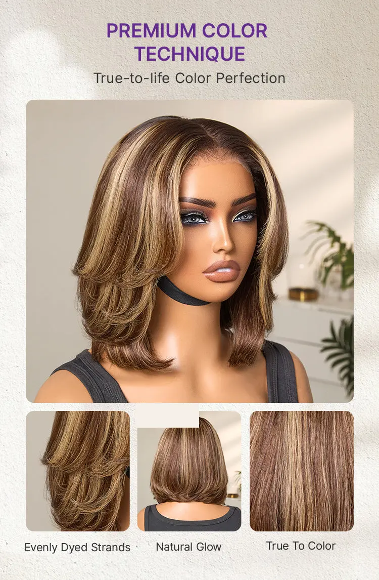 Blonde Highlight / Brown Highlight Short Layered Bob Wig Glueless 5x5 Closure Pre-Cut Lace Wig-23