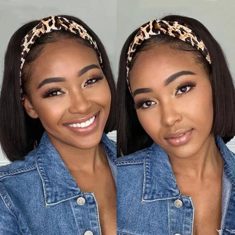 Throw On & Go headband wig with 100% human hair, styled with a trendy headband and two free accessories.