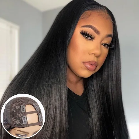 silky straight U-part human hair wig with natural hair texture and seamless U-shape for easy, quick styling.
