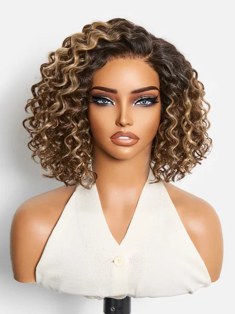 blonde highlight ombre water wave short curly bob wig with HD lace, pre-cut, glueless, natural black to brown color